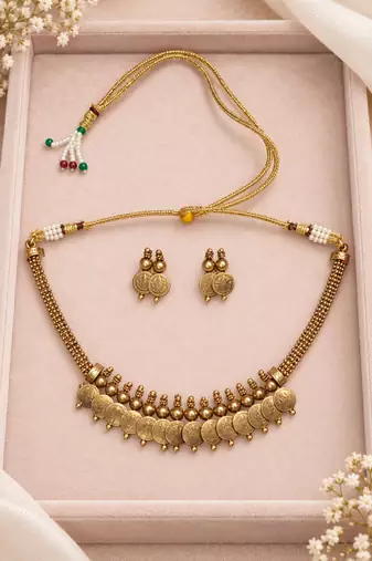 Antique gold-tone coin necklace set with matching coin drop earrings