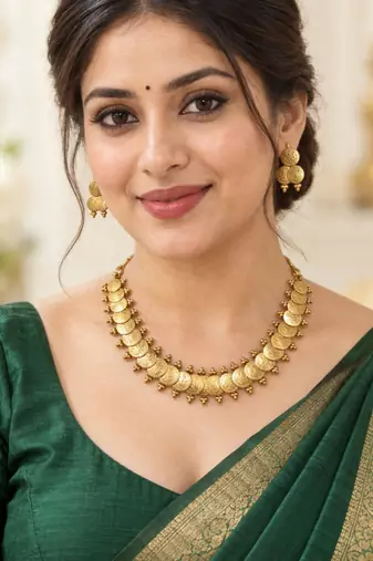 Traditional gold-tone coin necklace set with embossed medallions