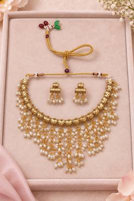 Gold-tone pearl fringe necklace set with traditional earrings 1