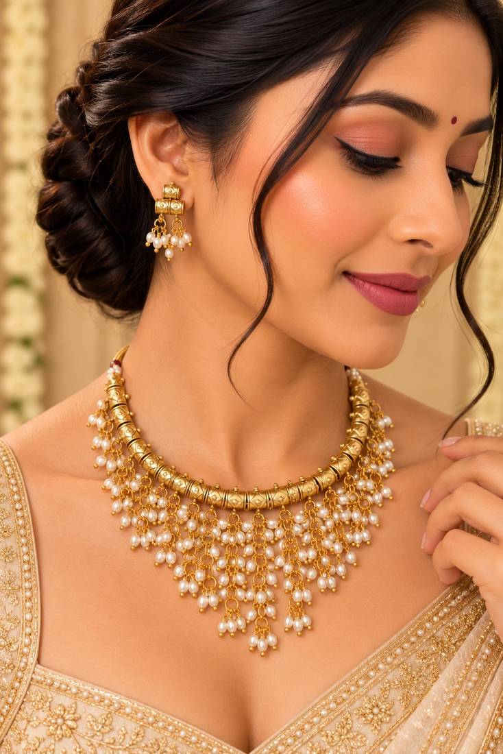 Gold-tone pearl fringe necklace set with traditional earrings