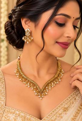 Antique gold-tone v-shaped necklace set with pearl dangles 1