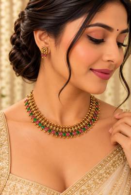 Gold-tone necklace set with ruby and emerald stones and beaded links 1