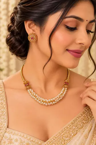 Gold-tone multi-strand pearl necklace set with traditional stud earrings