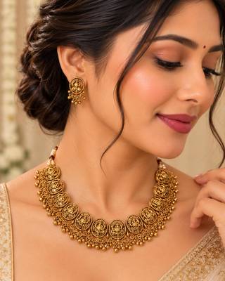 Antique gold-tone temple necklace set with traditional motif earrings 1