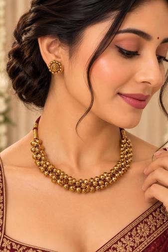 Traditional gold-tone beaded necklace set with matching stud earrings