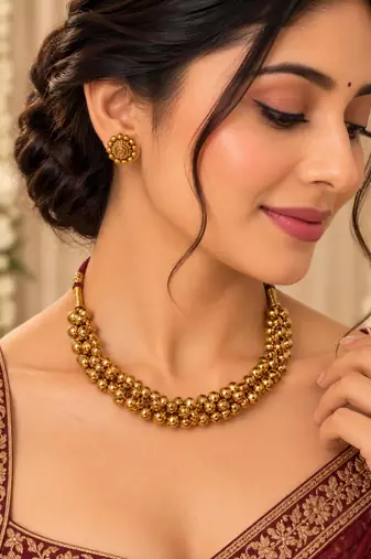 Traditional gold-tone beaded necklace set with matching stud earrings