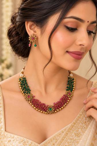 Gold-tone floral necklace set with green and pink beads