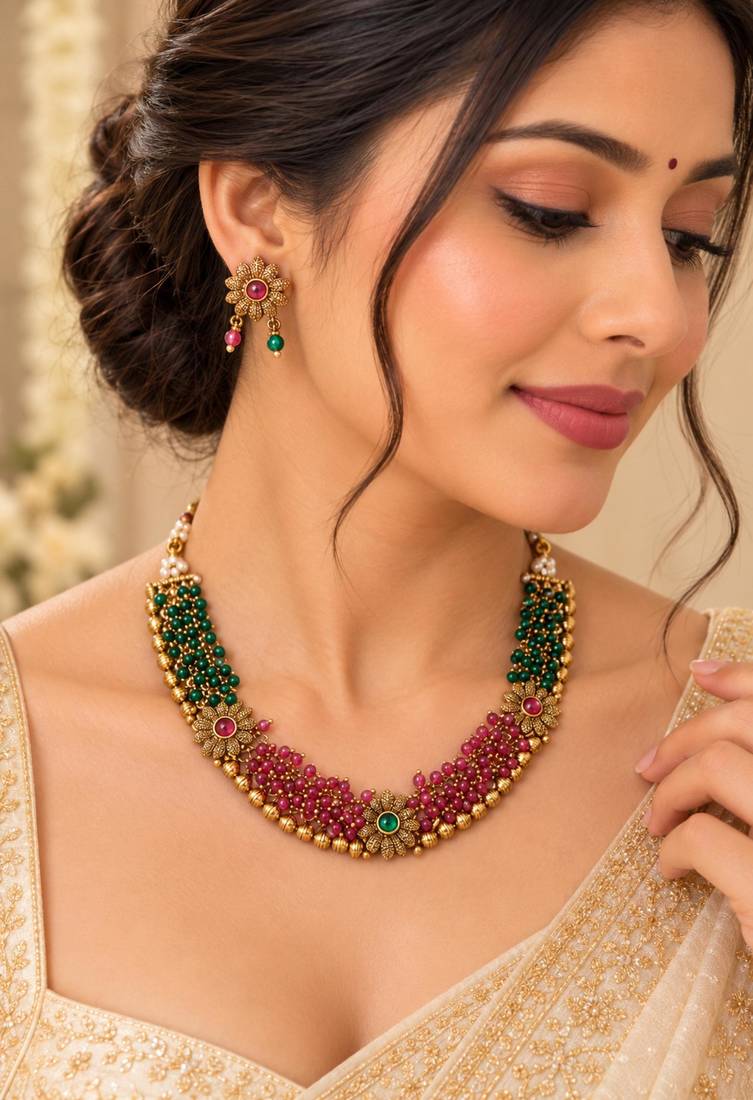 Gold-tone floral necklace set with green and pink beads