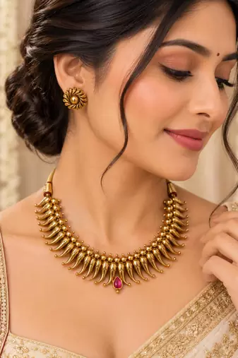 Pure brass leaf fringe necklace set with pink accent