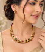 Pure brass geometric necklace set with green and pink stone accents
