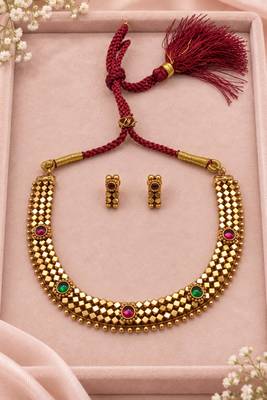 Pure brass geometric necklace set with green and pink stone accents 2