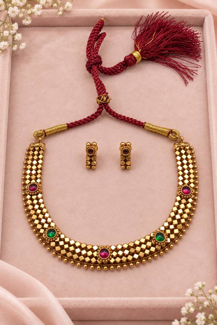 Pure brass geometric necklace set with green and pink stone accents