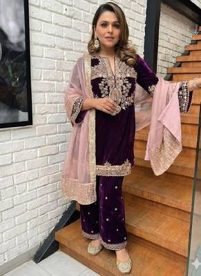 Wine purple velvet kurti palazzo set 1