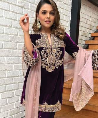 Wine purple velvet kurti palazzo set 2