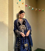 Navy blue velvet kurti pant set