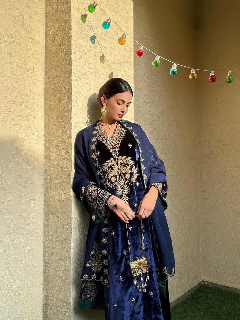 Navy blue velvet kurti pant set