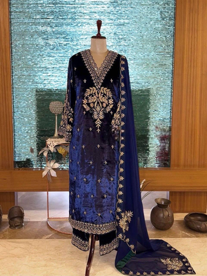 Navy blue velvet kurti pant set 2