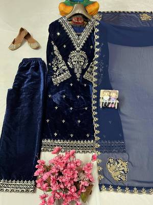 Navy blue velvet kurti pant set 3