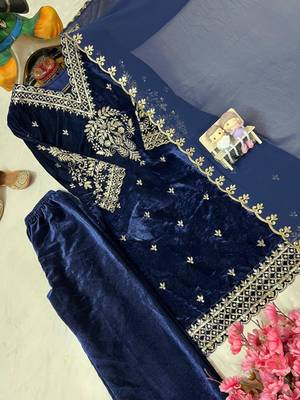 Navy blue velvet kurti pant set 4