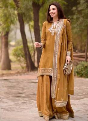 Mustard yellow mul chanderi palazzo suit set 1