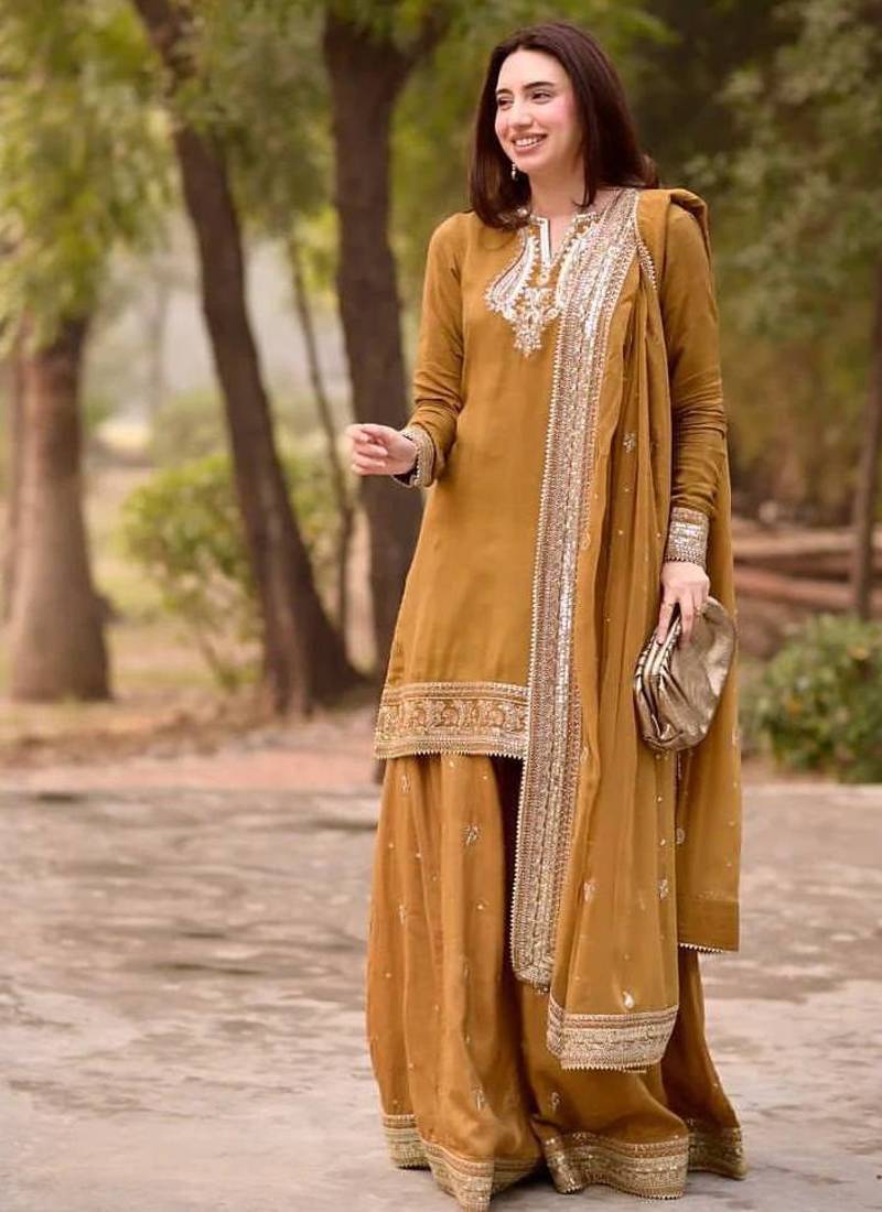 Mustard yellow mul chanderi palazzo suit set
