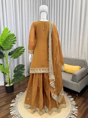 Mustard yellow mul chanderi palazzo suit set 3