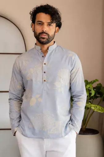 Sky blue color smart designer printed short kurta for men's festive looks
