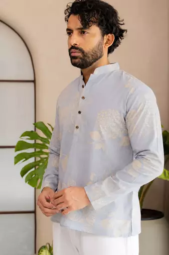 Sky blue color smart designer printed short kurta for men's festive looks