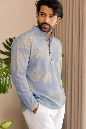 Sky blue color smart designer printed short kurta for men's festive looks