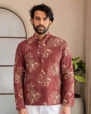 Pink color smart designer printed short kurta for men's festive looks 1