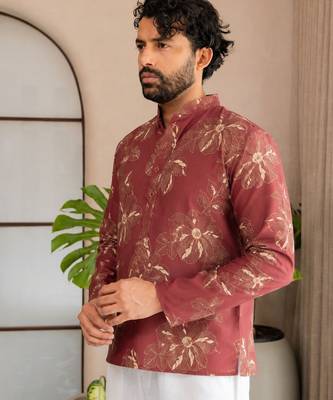 Pink color smart designer printed short kurta for men's festive looks 3