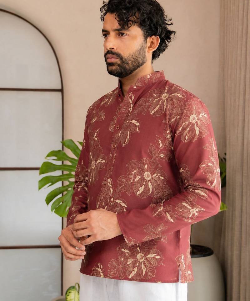 Pink color smart designer printed short kurta for men's festive looks