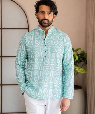 Green color smart designer printed short kurta for men's festive looks 1