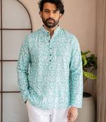 Green color smart designer printed short kurta for men's festive looks