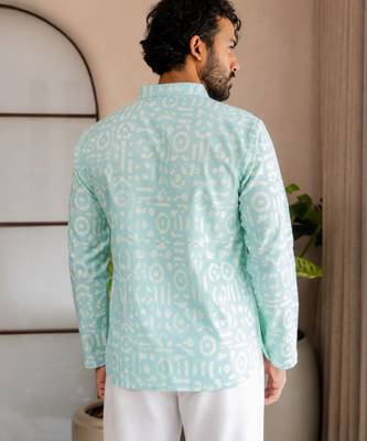 Green color smart designer printed short kurta for men's festive looks 2