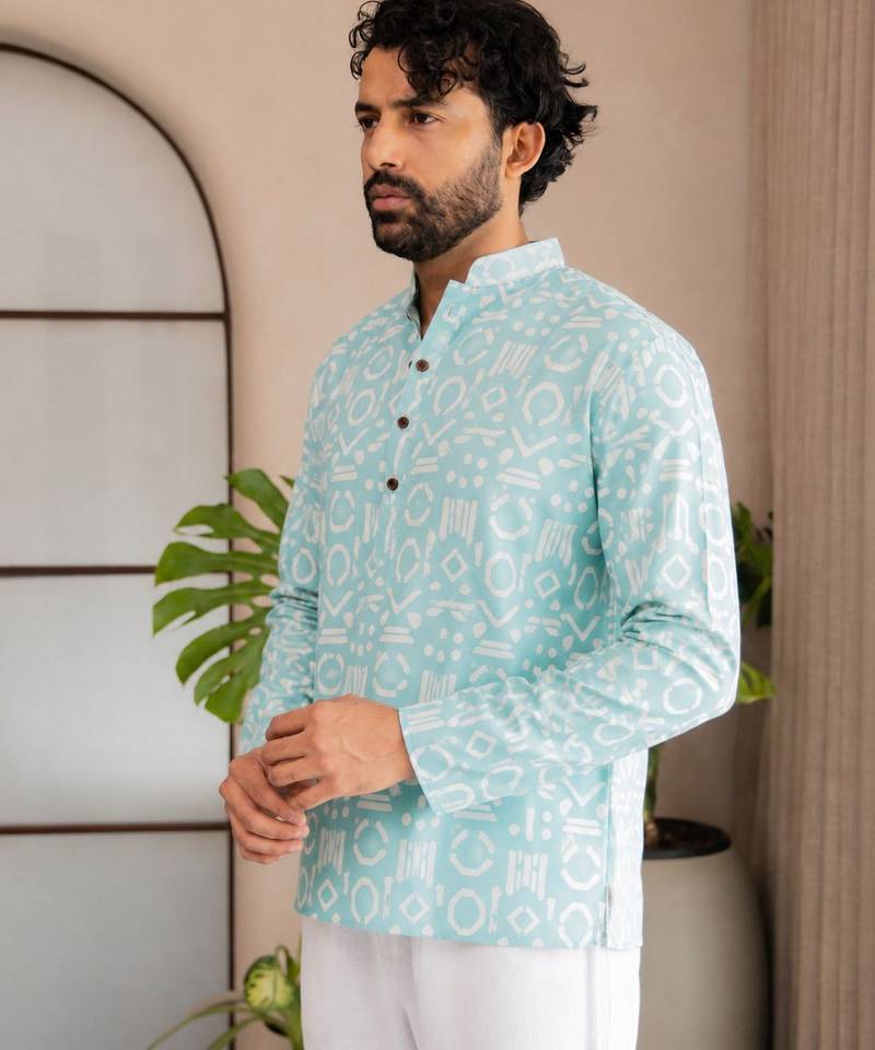 Green color smart designer printed short kurta for men's festive looks