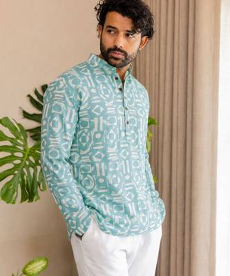 Green color smart designer printed short kurta for men's festive looks 4
