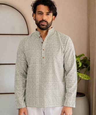 Grey color smart designer printed short kurta for men's festive looks 1