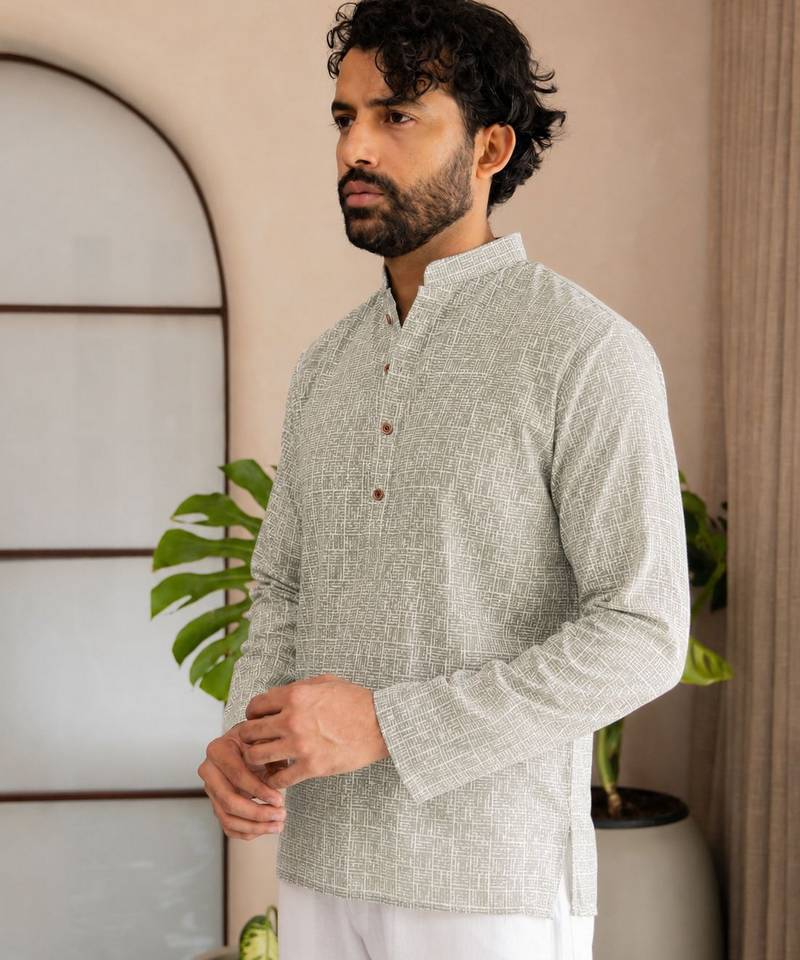 Grey color smart designer printed short kurta for men's festive looks