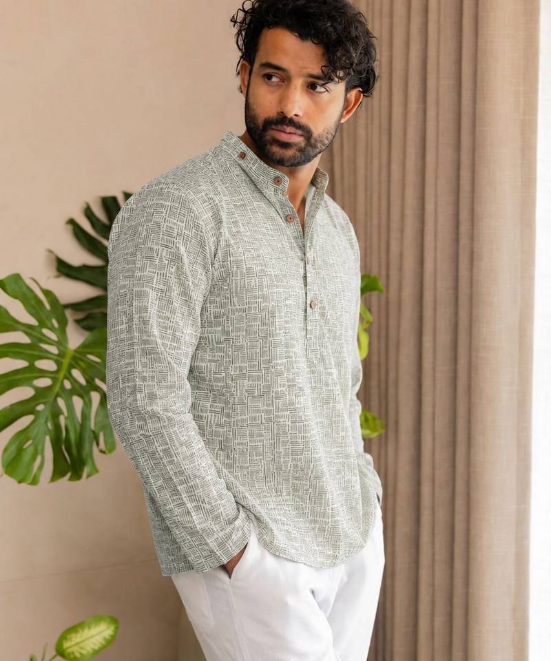 Grey color smart designer printed short kurta for men's festive looks