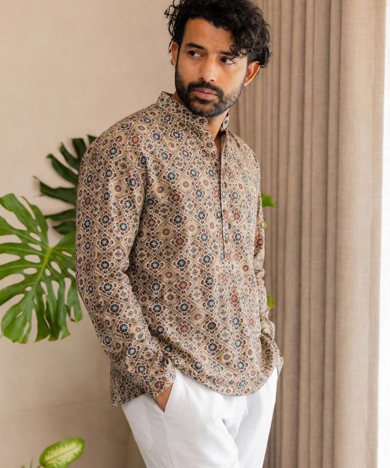 Multicolor smart designer printed short kurta for men's festive looks
