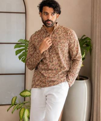 Peach color smart designer printed short kurta for men's festive looks 1