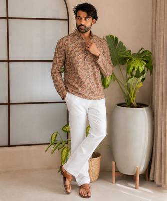 Peach color smart designer printed short kurta for men's festive looks 3