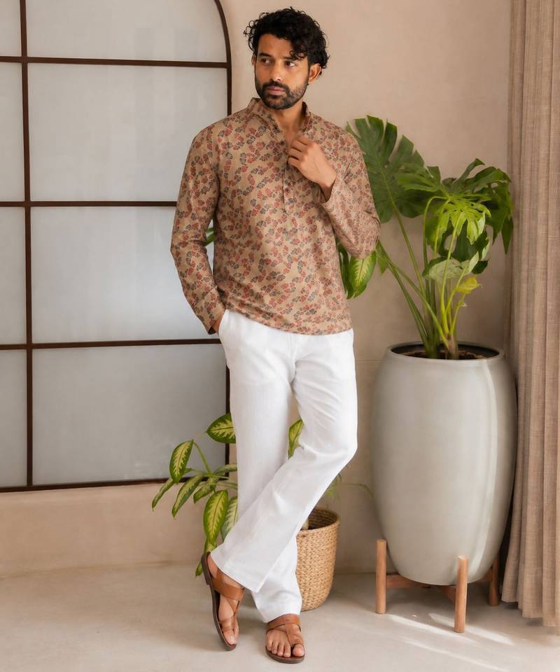 Peach color smart designer printed short kurta for men's festive looks