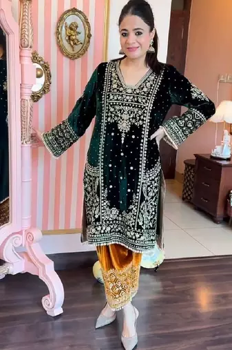 Green heavy velvet kurti palazzo set