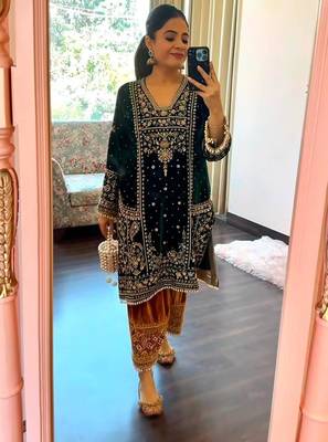 Green heavy velvet kurti palazzo set 2