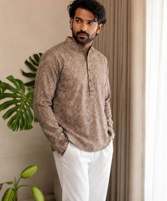 Mouve color smart designer printed short kurta for men's festive looks 1
