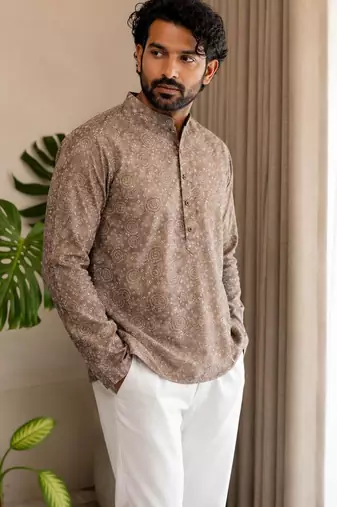 Mouve color smart designer printed short kurta for men's festive looks