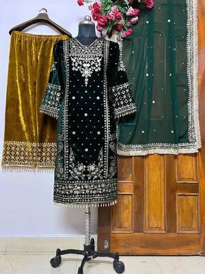 Green heavy velvet kurti palazzo set 3