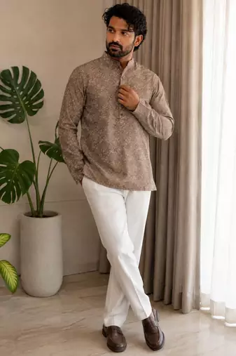 Mouve color smart designer printed short kurta for men's festive looks